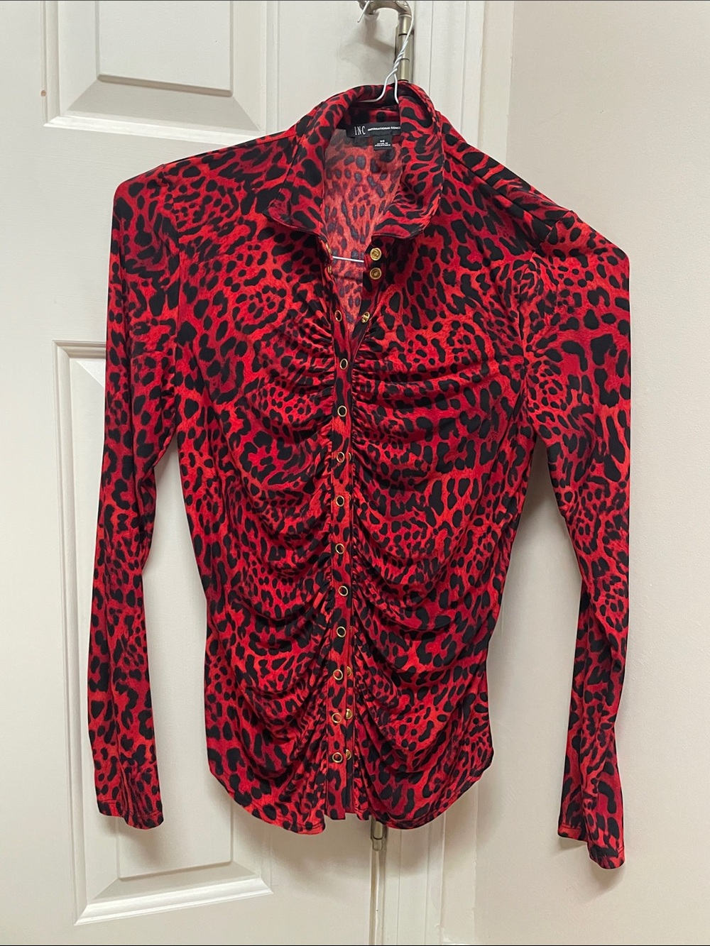 INC International Concepts Red and Black Leopard-Print Ruched Button-Front Shirt